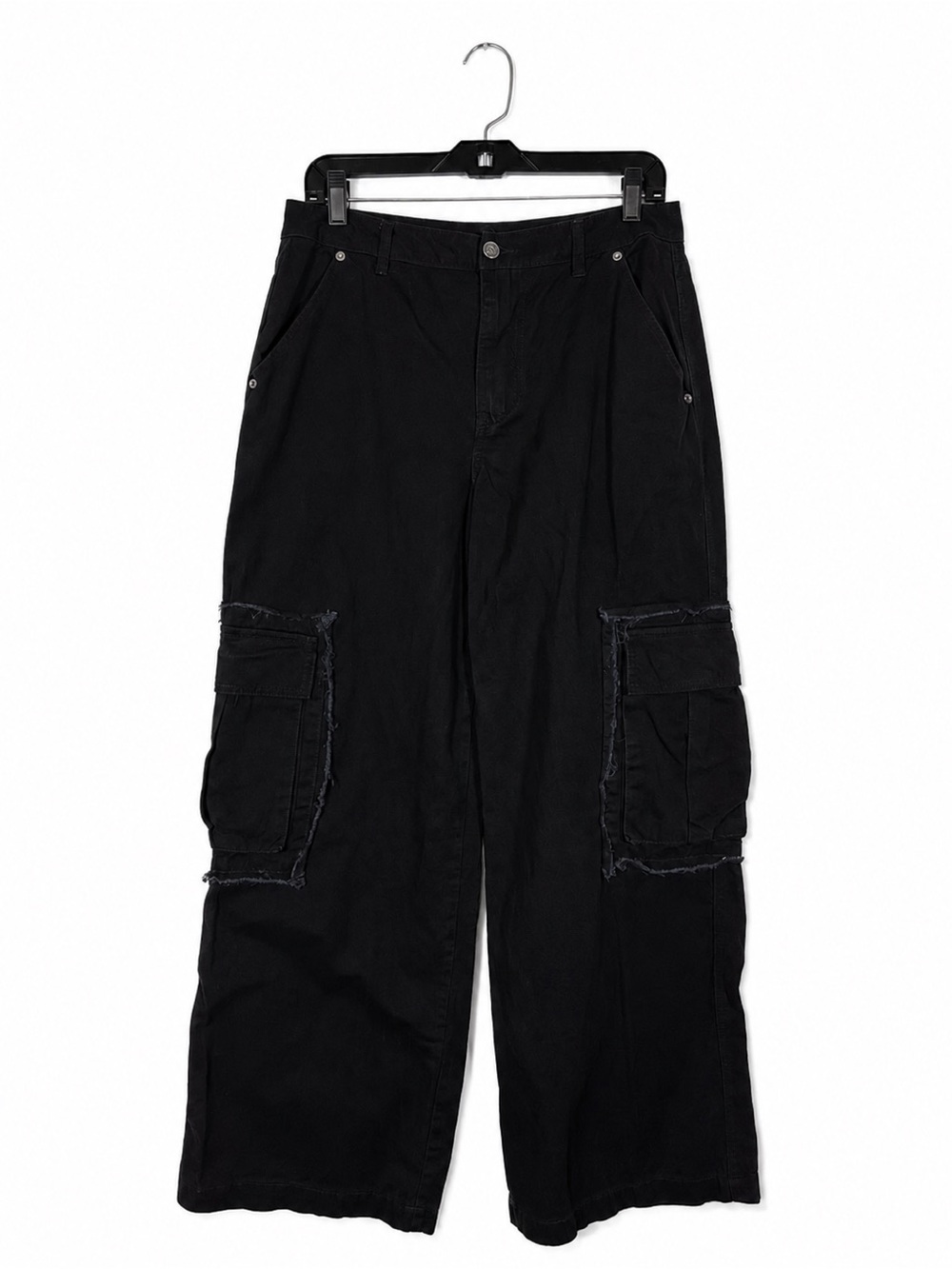 Forever 21 Black Distressed Wide Leg Cargo Pants Baggy Utility Y2K Grunge Size L